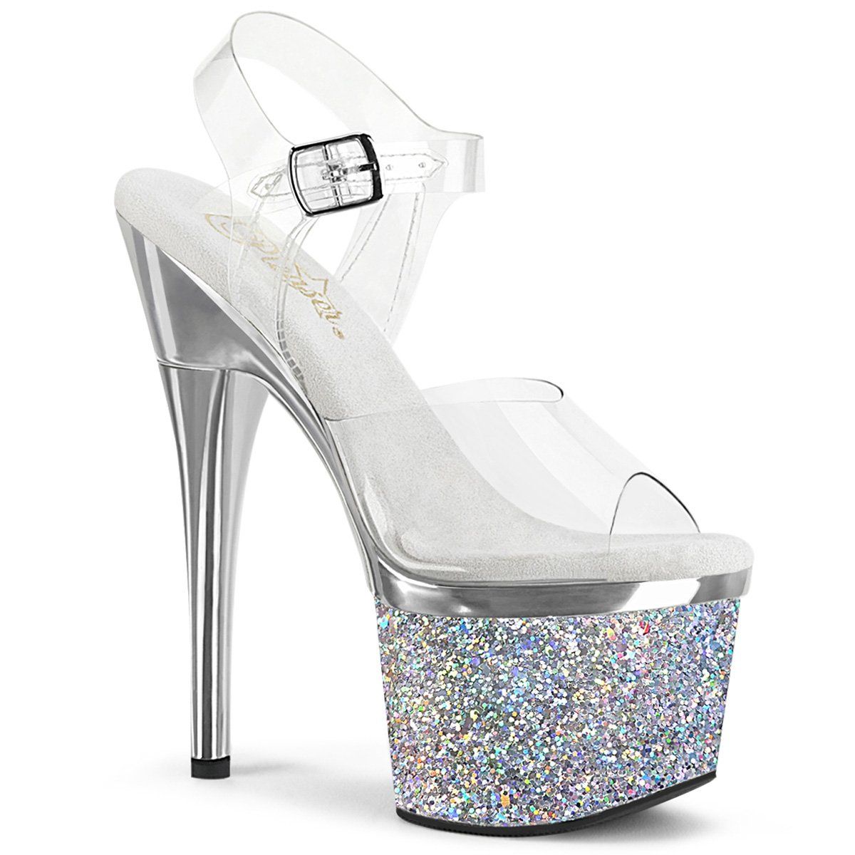 ESTEEM-708CHLG Clear/Silver Chrome-Multi Glitter Platform Sandal Pleaser