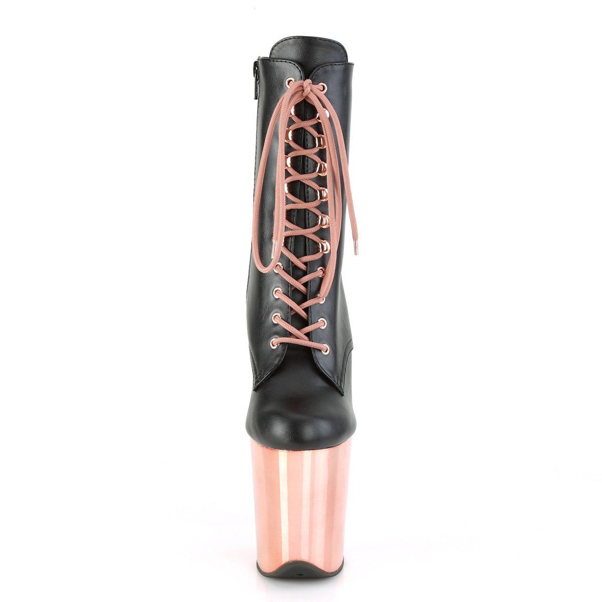 FLAMINGO-1020 Black Faux Leather/Rose Gold Chrome Ankle Boot Pleaser