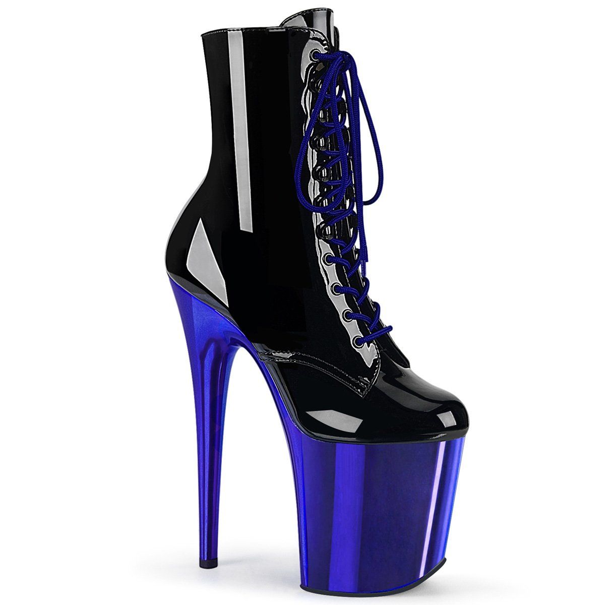 FLAMINGO-1020 Black Patent/Royal Blue Chrome Ankle Boot Pleaser