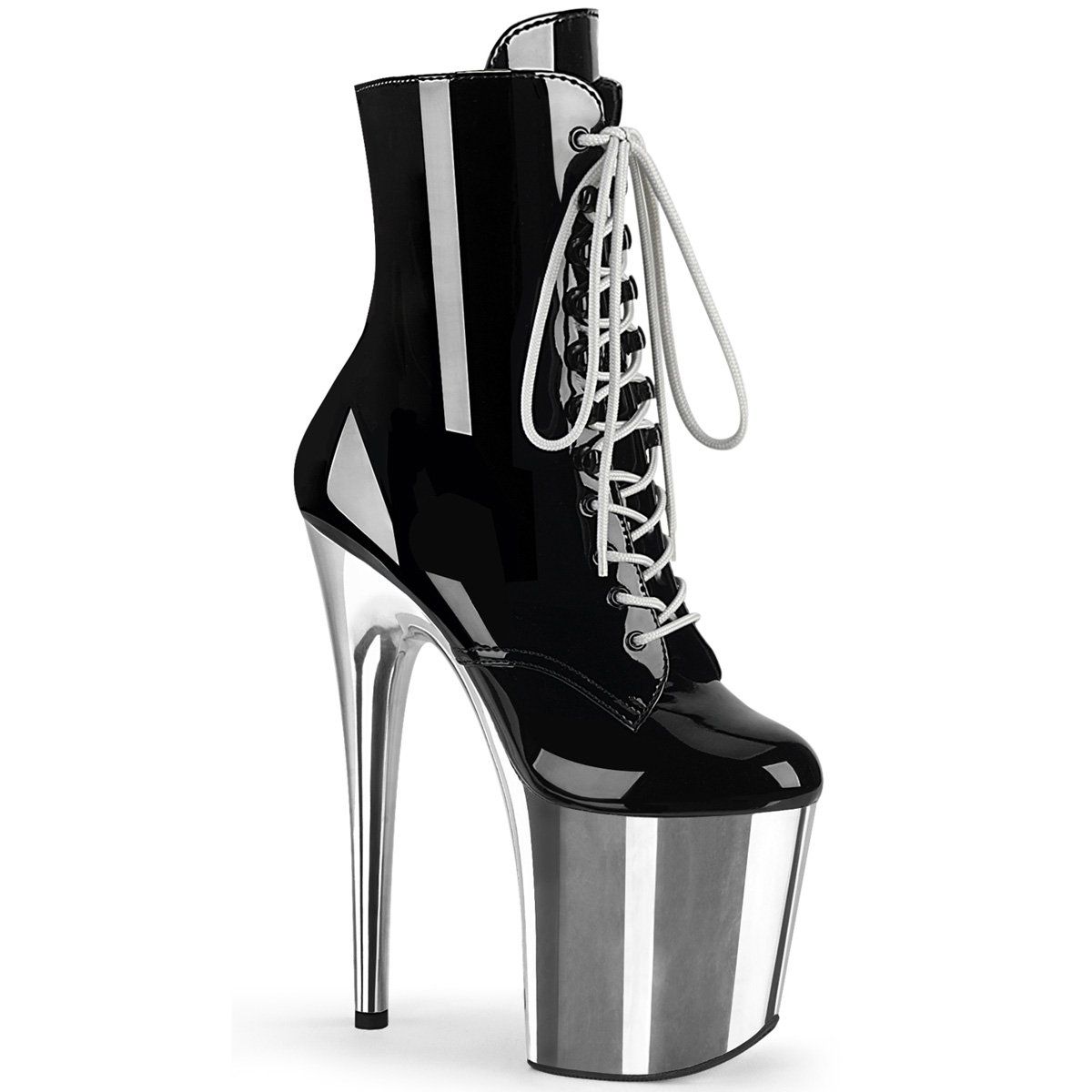 FLAMINGO-1020 Black Patent/Silver Chrome Ankle Boot Pleaser