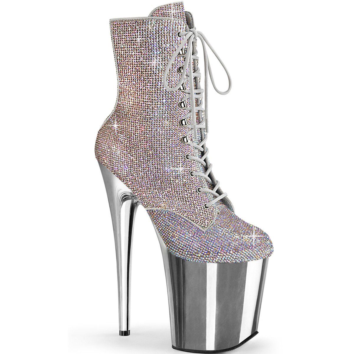 FLAMINGO-1020CHRS Silver Multi Rhinestone/Silver Chrome Ankle Boot Pleaser