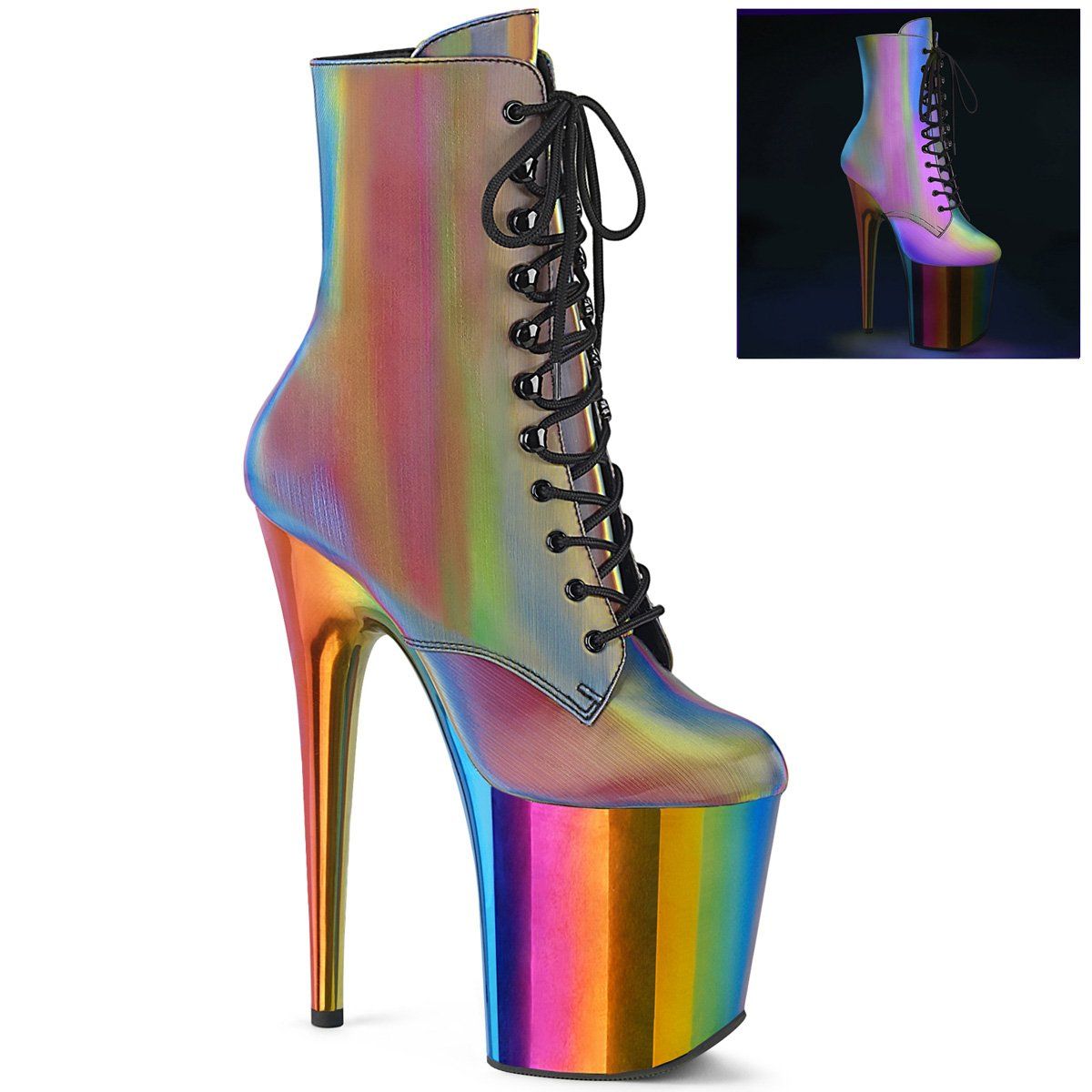 FLAMINGO-1020RC-REFL Rainbow Reflective/Rainbow Chrome Ankle Boot Pleaser