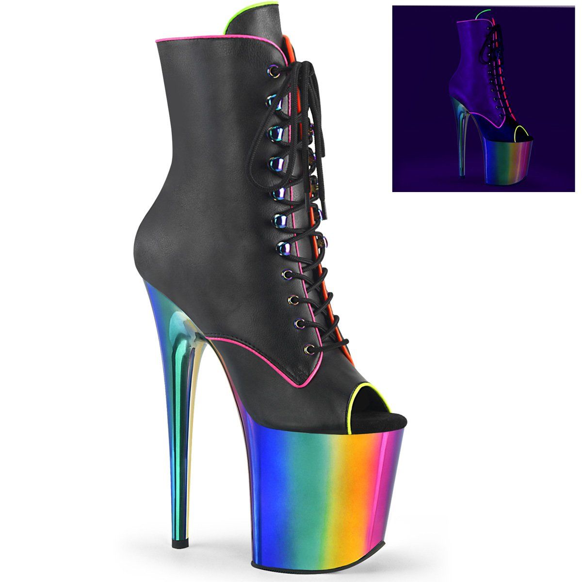 FLAMINGO-1021RC-02 Black Patent/Rainbow Chrome Ankle Boot Pleaser