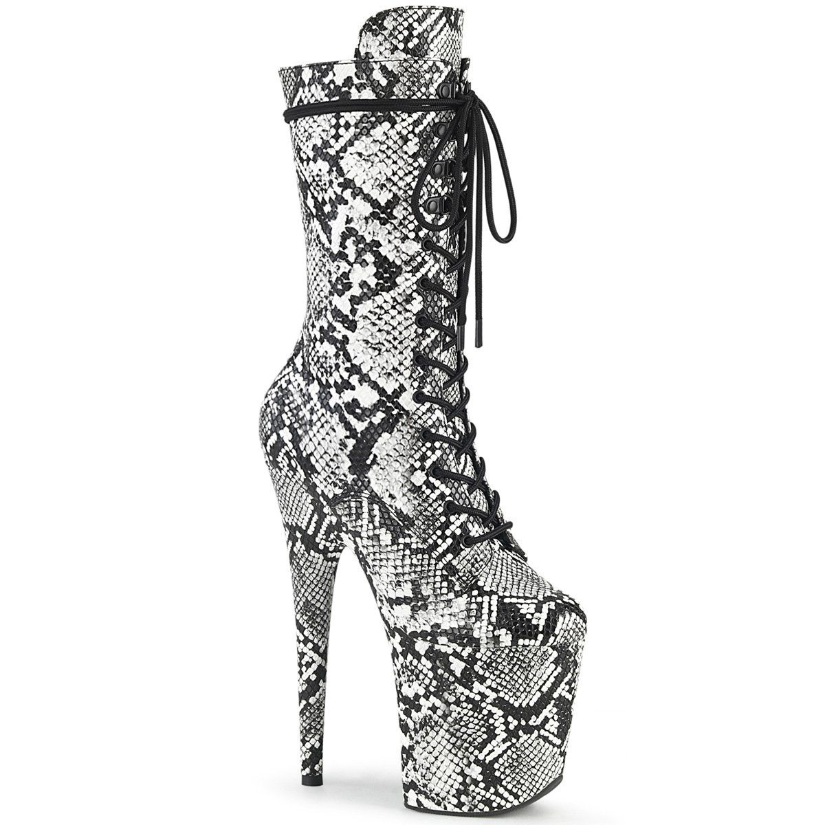 FLAMINGO-1050SP Black-White Snake Print Mid-Calf Boot Pleaser