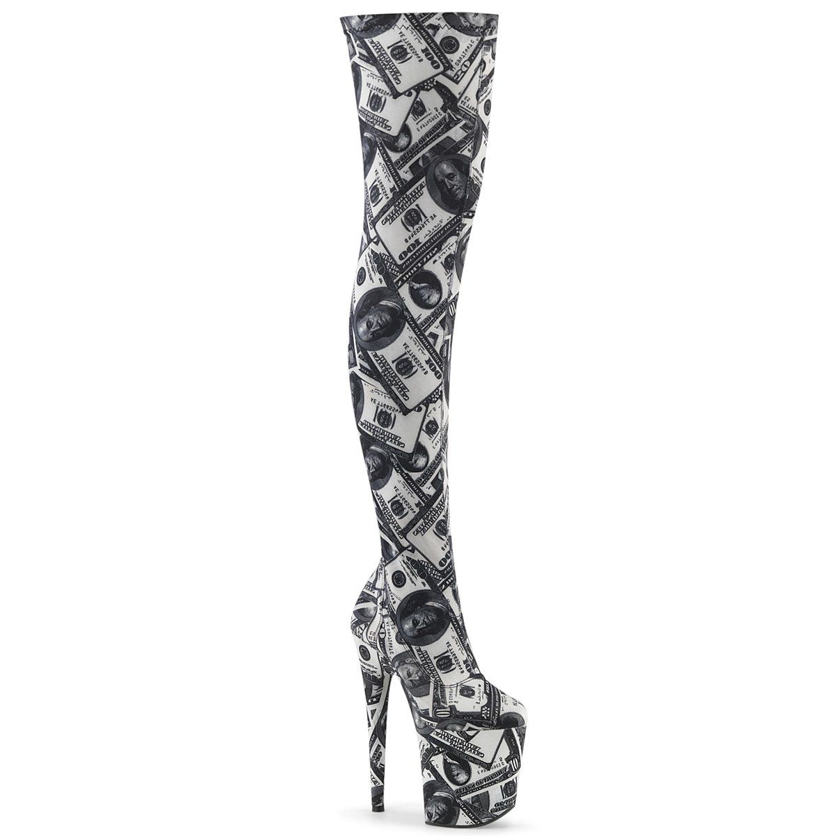 FLAMINGO-3000DP White-Black Stretch Fabric/White-Black Fabric Thigh Boot Pleaser