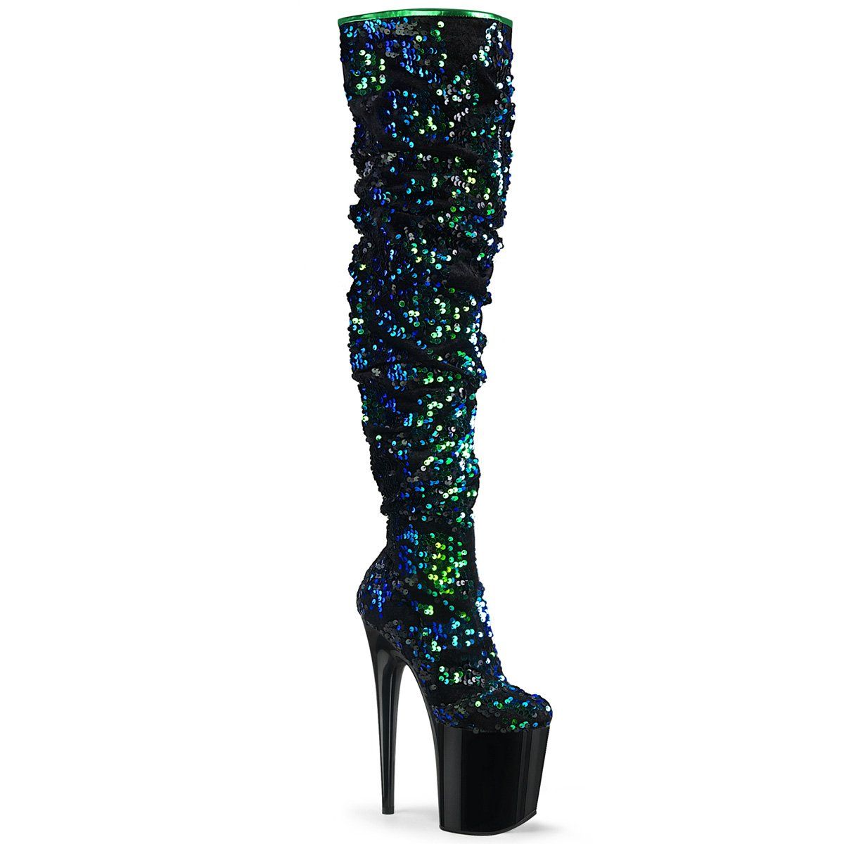 FLAMINGO-3004 Green Iridescent Sequins/Black Thigh Boot Pleaser