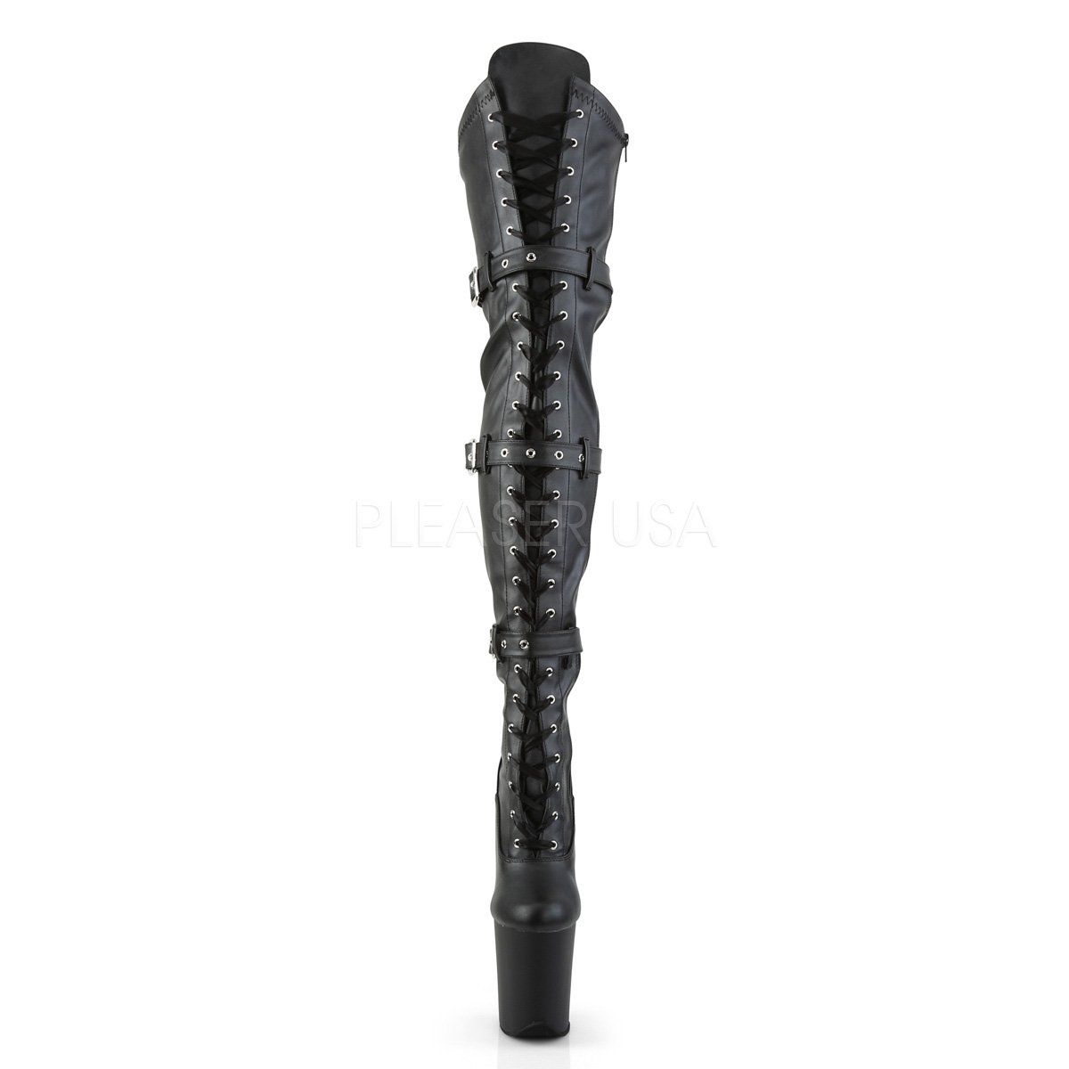 FLAMINGO-3028 Black Stretch Faux Leather Thigh Boot Pleaser