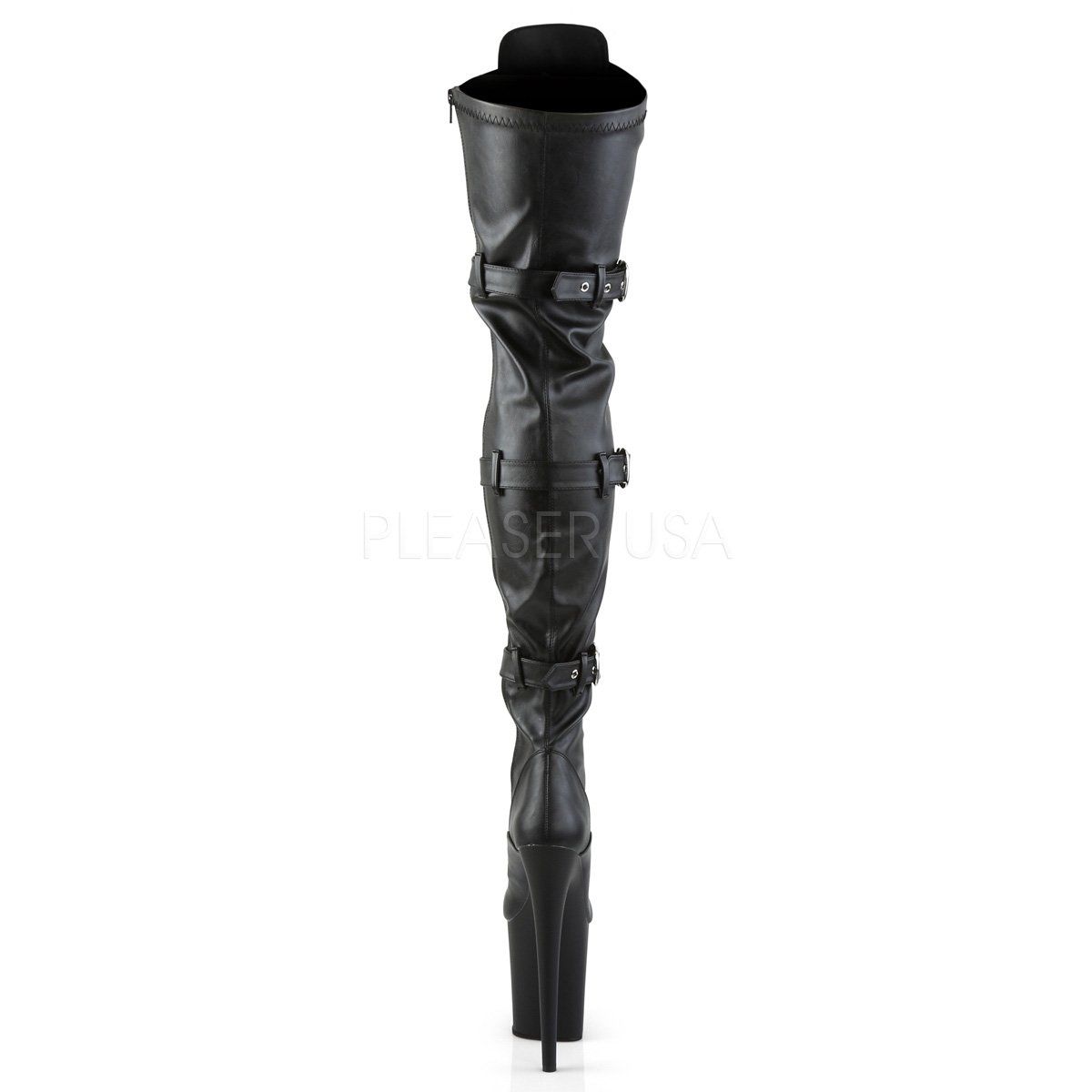 FLAMINGO-3028 Black Stretch Faux Leather Thigh Boot Pleaser