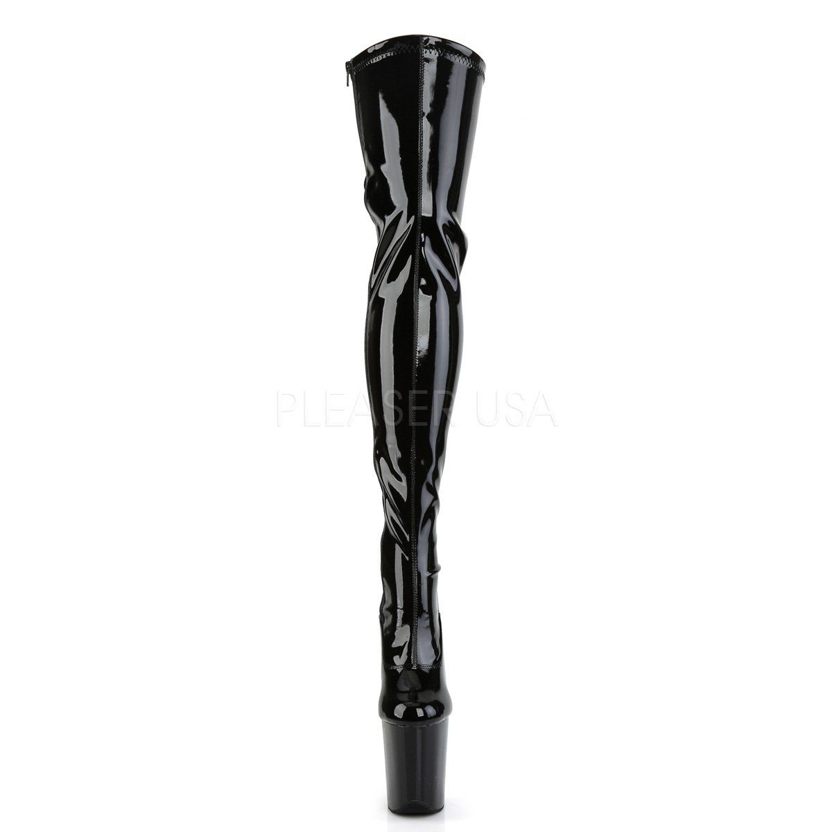 FLAMINGO-3063 Black Stretch Patent Thigh Boot Pleaser