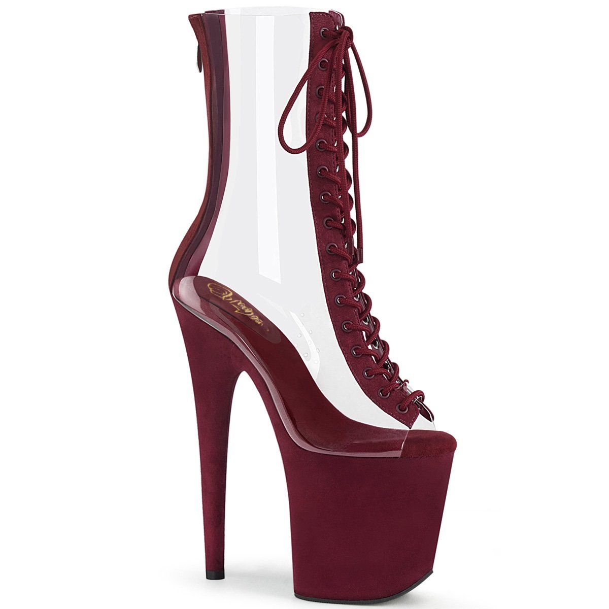 FLAMINGO-800-34FS Clear-Burgundy Faux Suede/Burgundy Suede Ankle Boot Pleaser