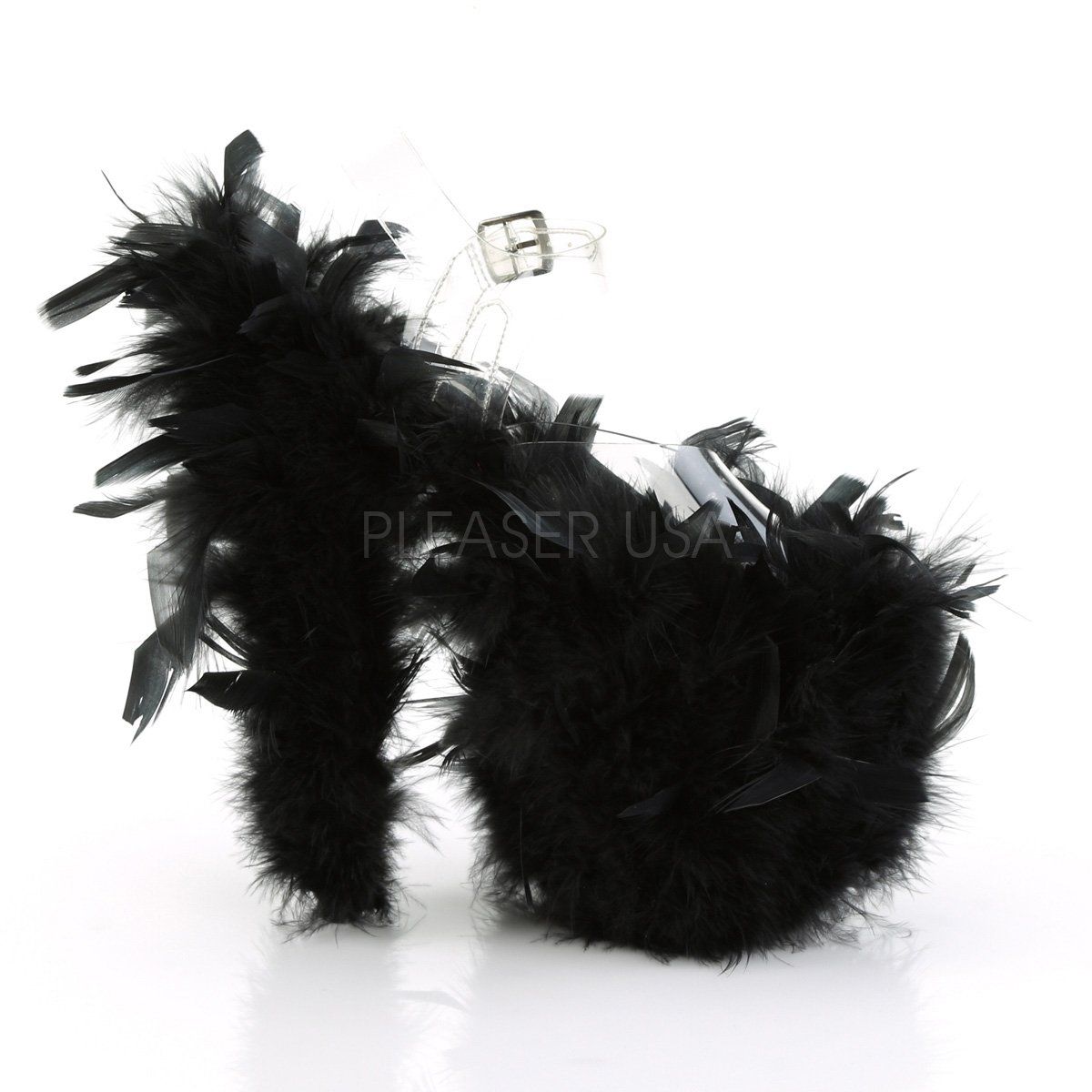 FLAMINGO-808F Clear/Black Marabou Feather Platform Sandal Pleaser