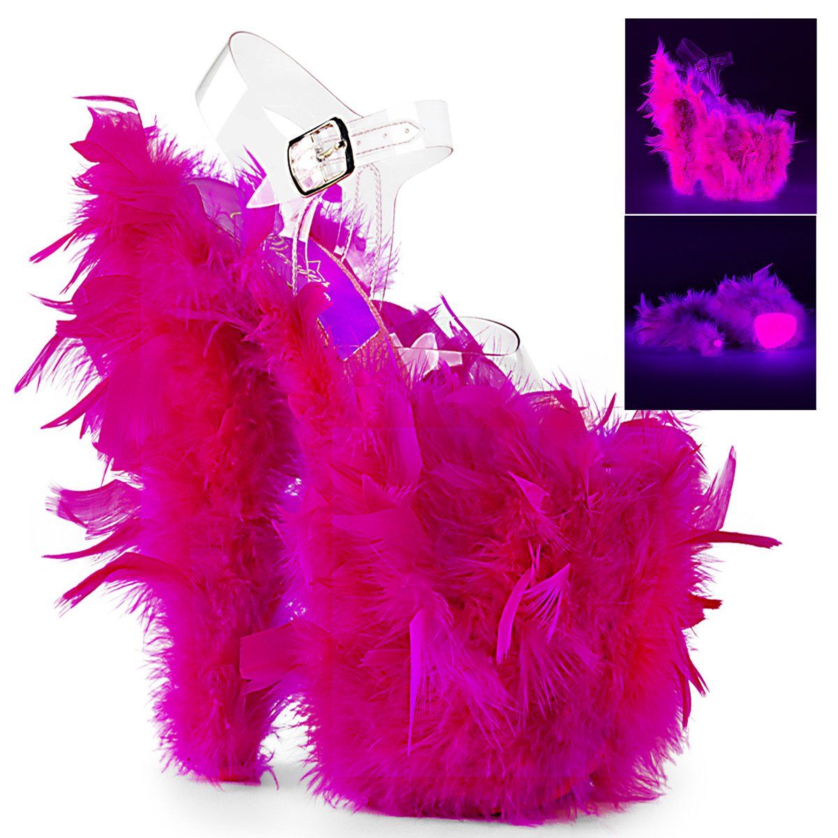 FLAMINGO-808F Clear/Neon Hot Pink Marabou Feather Platform Sandal Pleaser