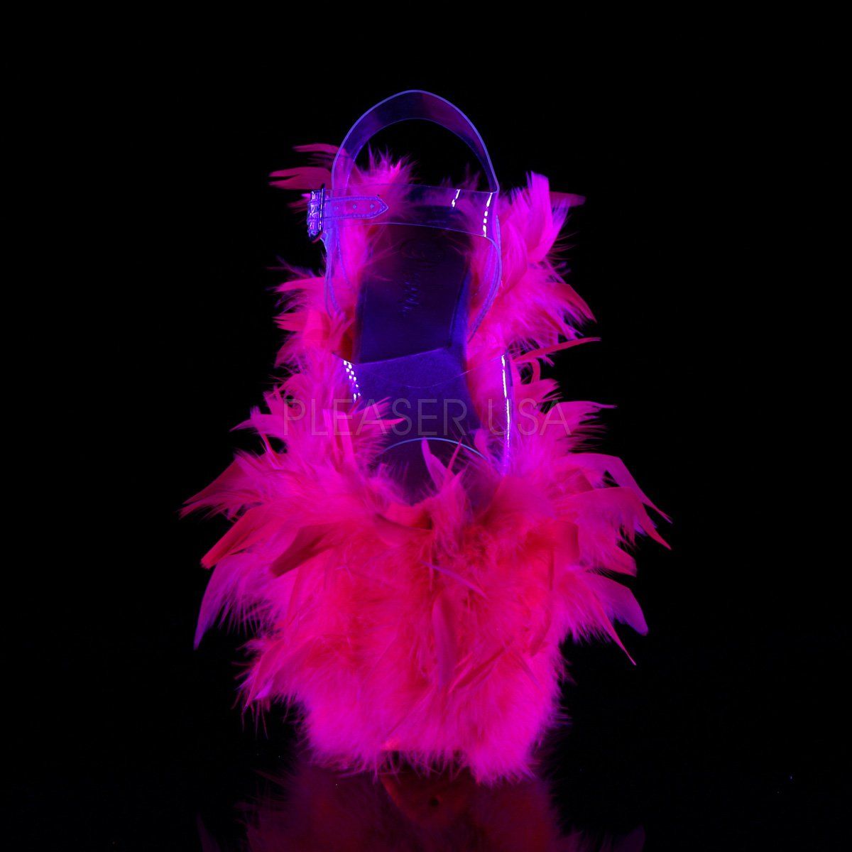 FLAMINGO-808F Clear/Neon Hot Pink Marabou Feather Platform Sandal Pleaser