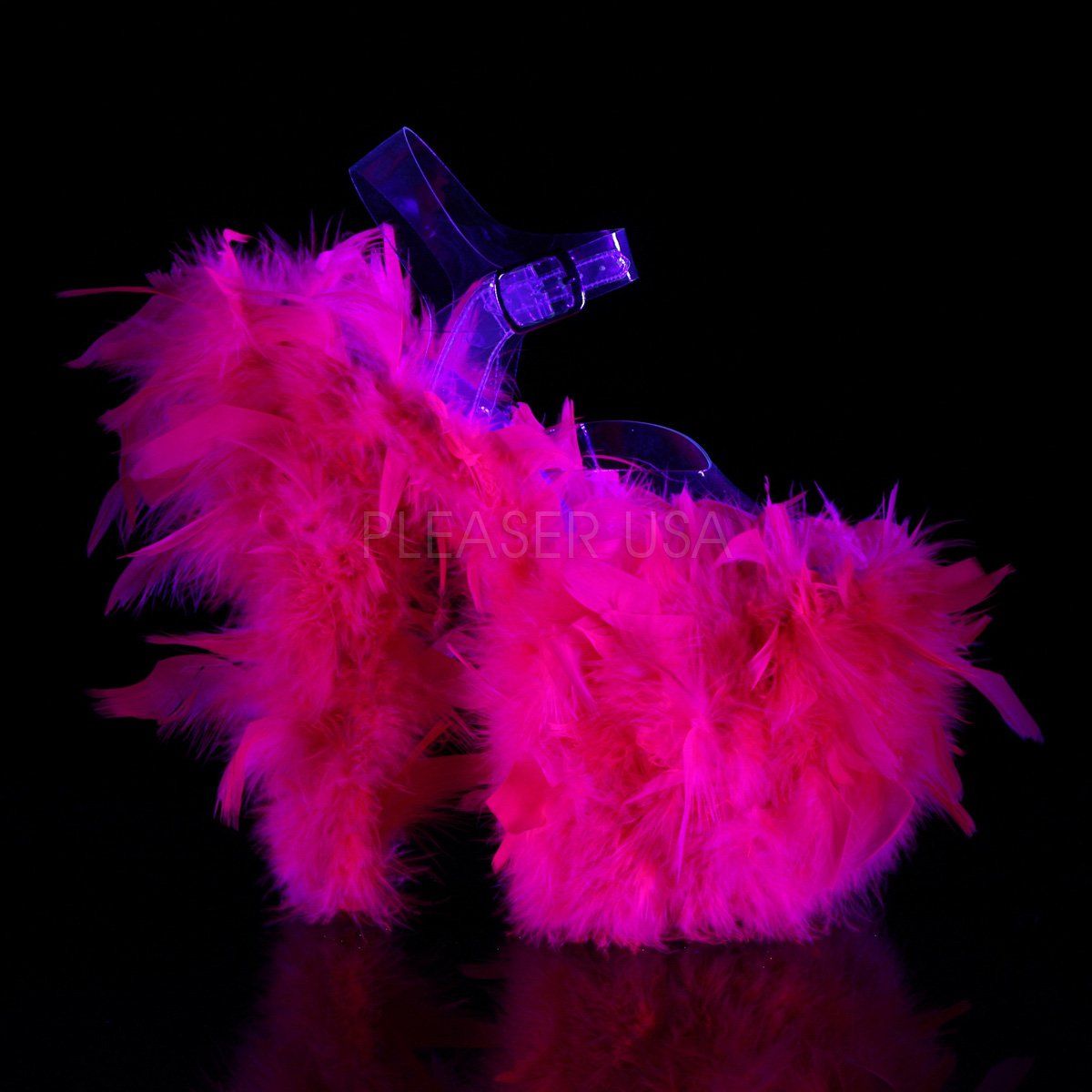 FLAMINGO-808F Clear/Neon Hot Pink Marabou Feather Platform Sandal Pleaser