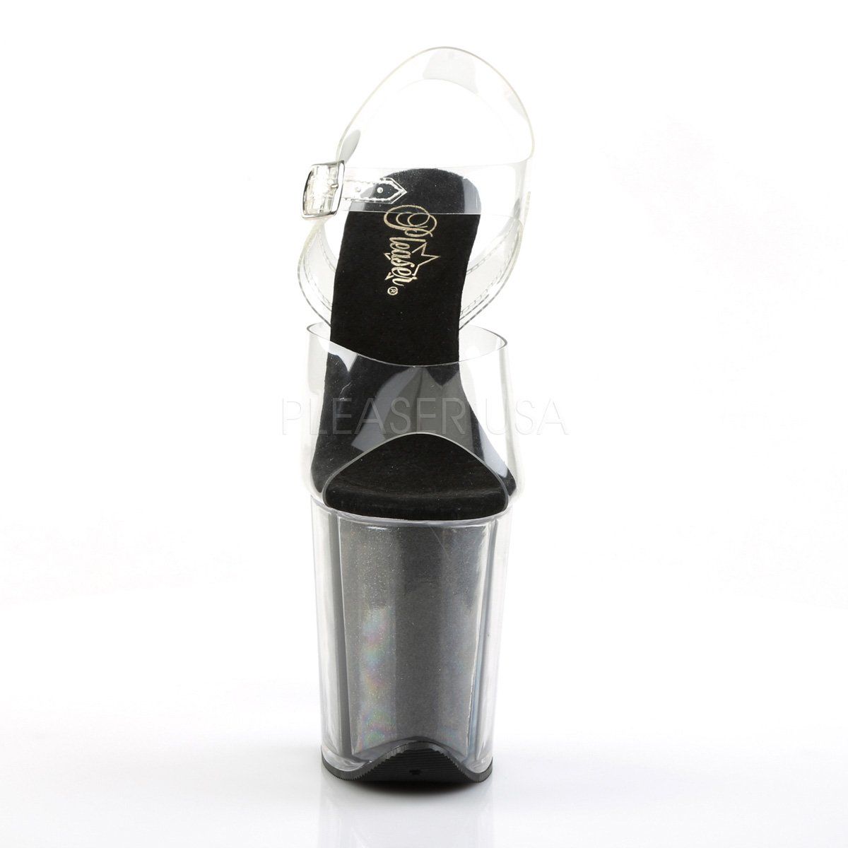 FLAMINGO-808G Clear/Black Glitter Platform Sandal Pleaser