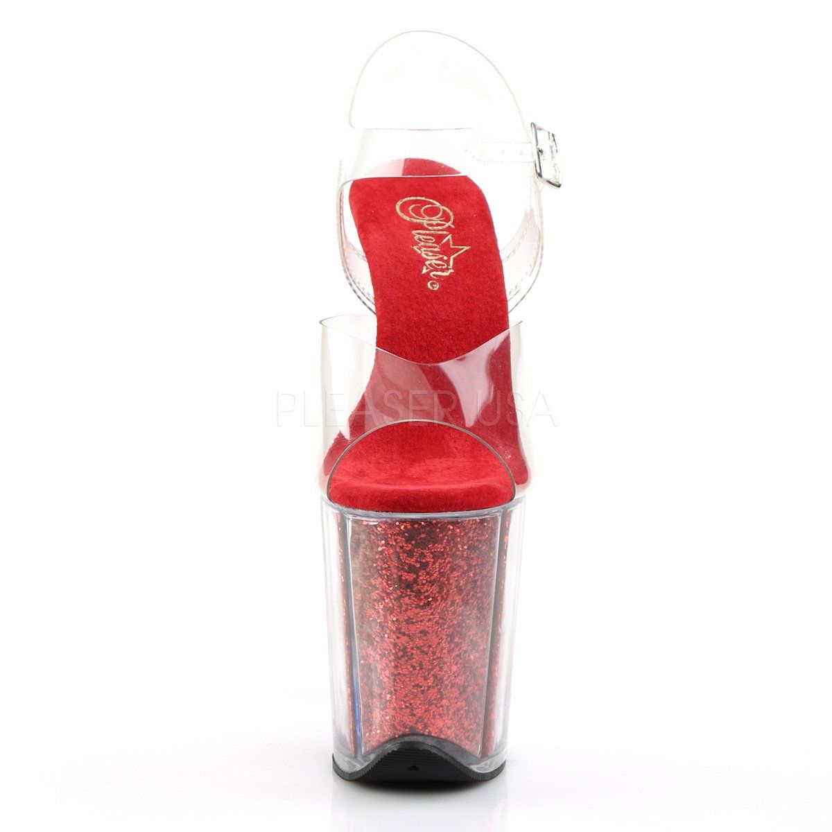 FLAMINGO-808G Clear/Red Glitter Platform Sandal Pleaser
