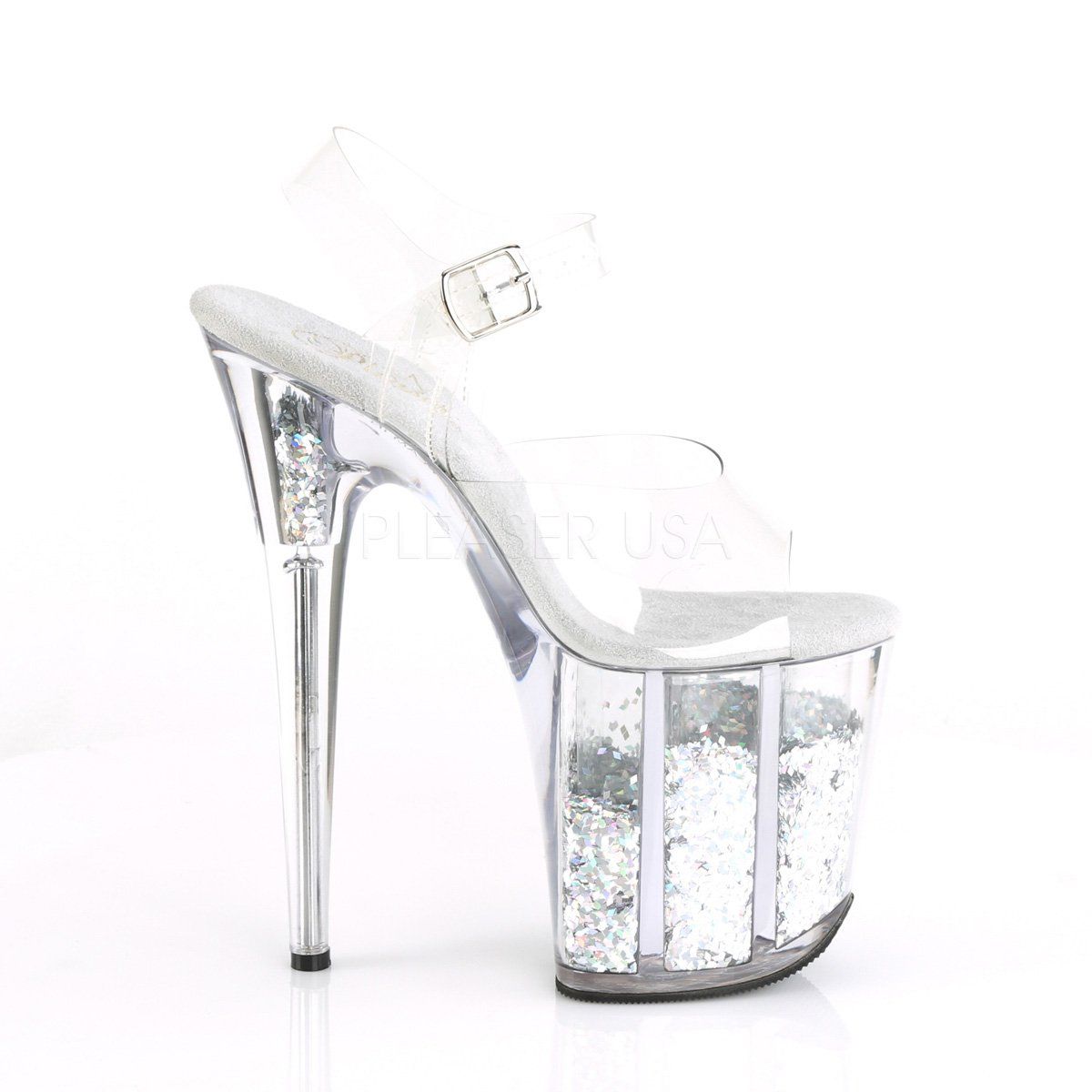 FLAMINGO-808GF Clear/Silver Multi Glitter Platform Sandal Pleaser