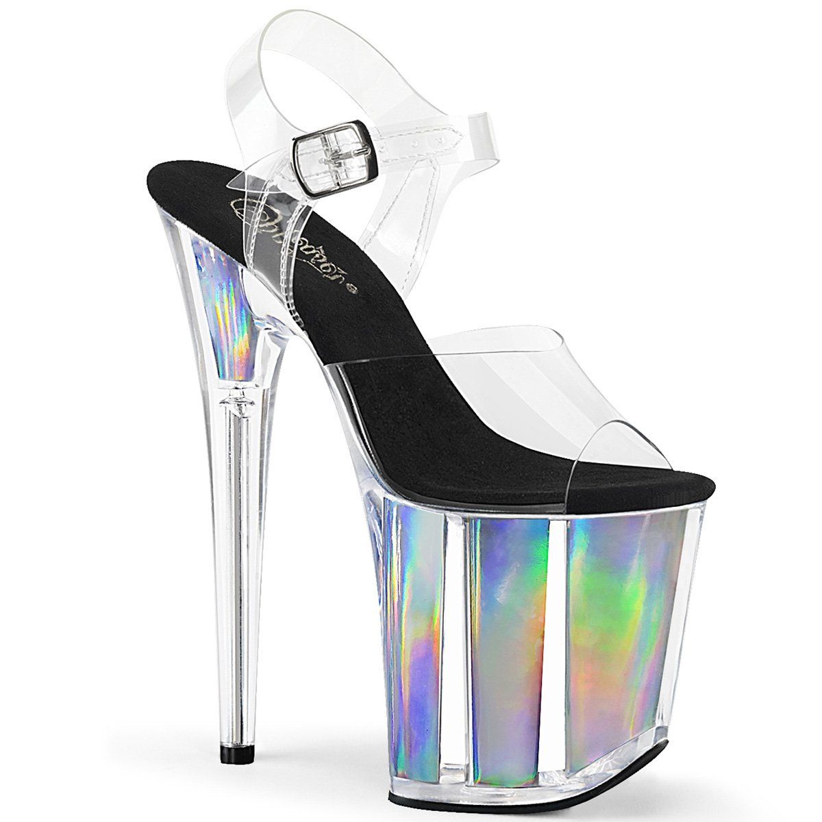 FLAMINGO-808HGI Clear/Silver Hologram Inserts Platform Sandal Pleaser