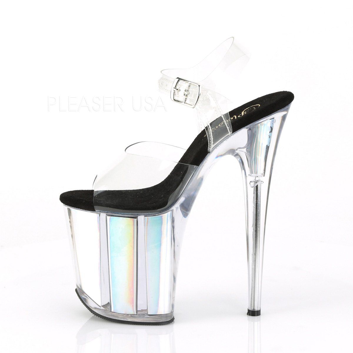 FLAMINGO-808HGI Clear/Silver Hologram Inserts Platform Sandal Pleaser