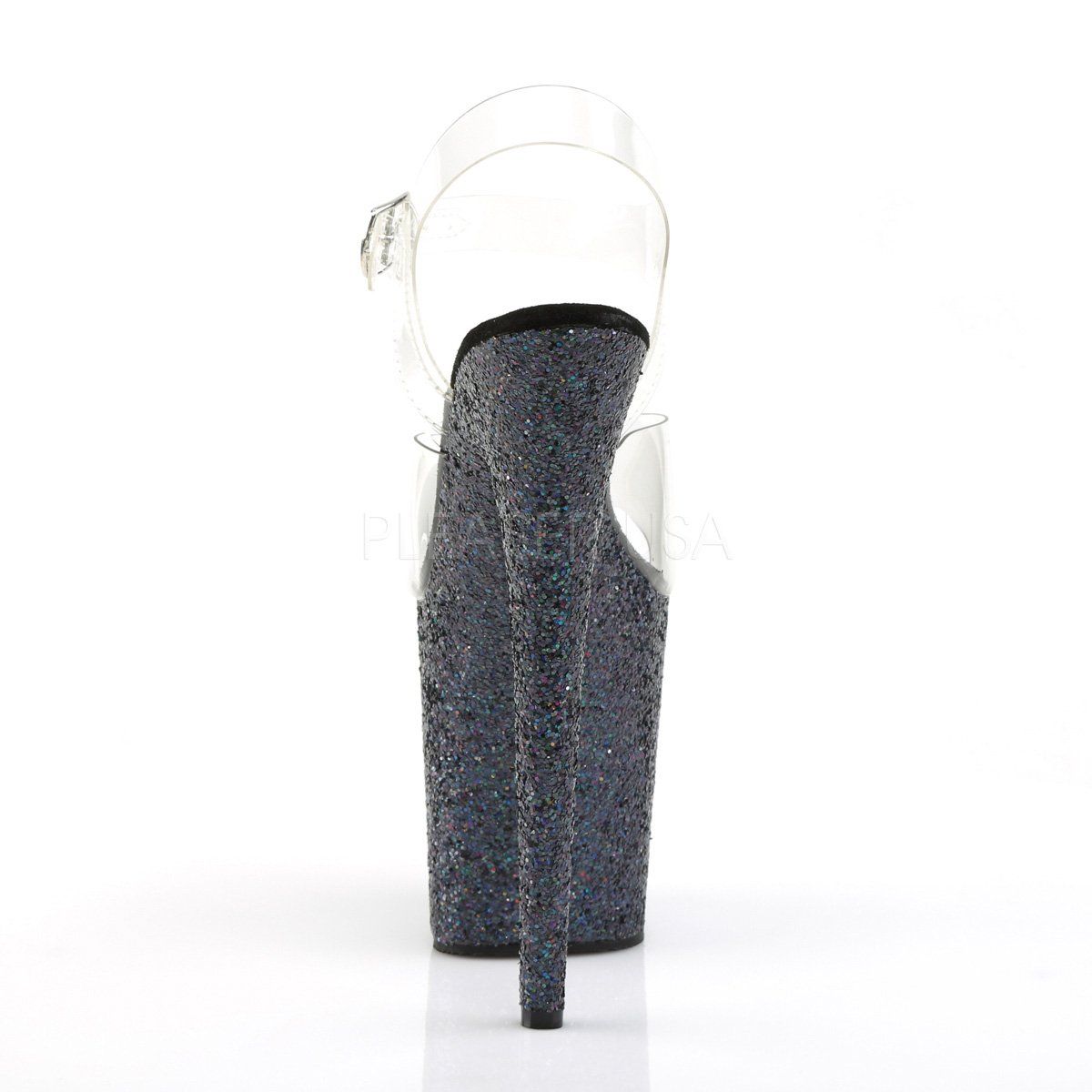 FLAMINGO-808LG Clear/Black Holo Glitter Platform Sandal Pleaser