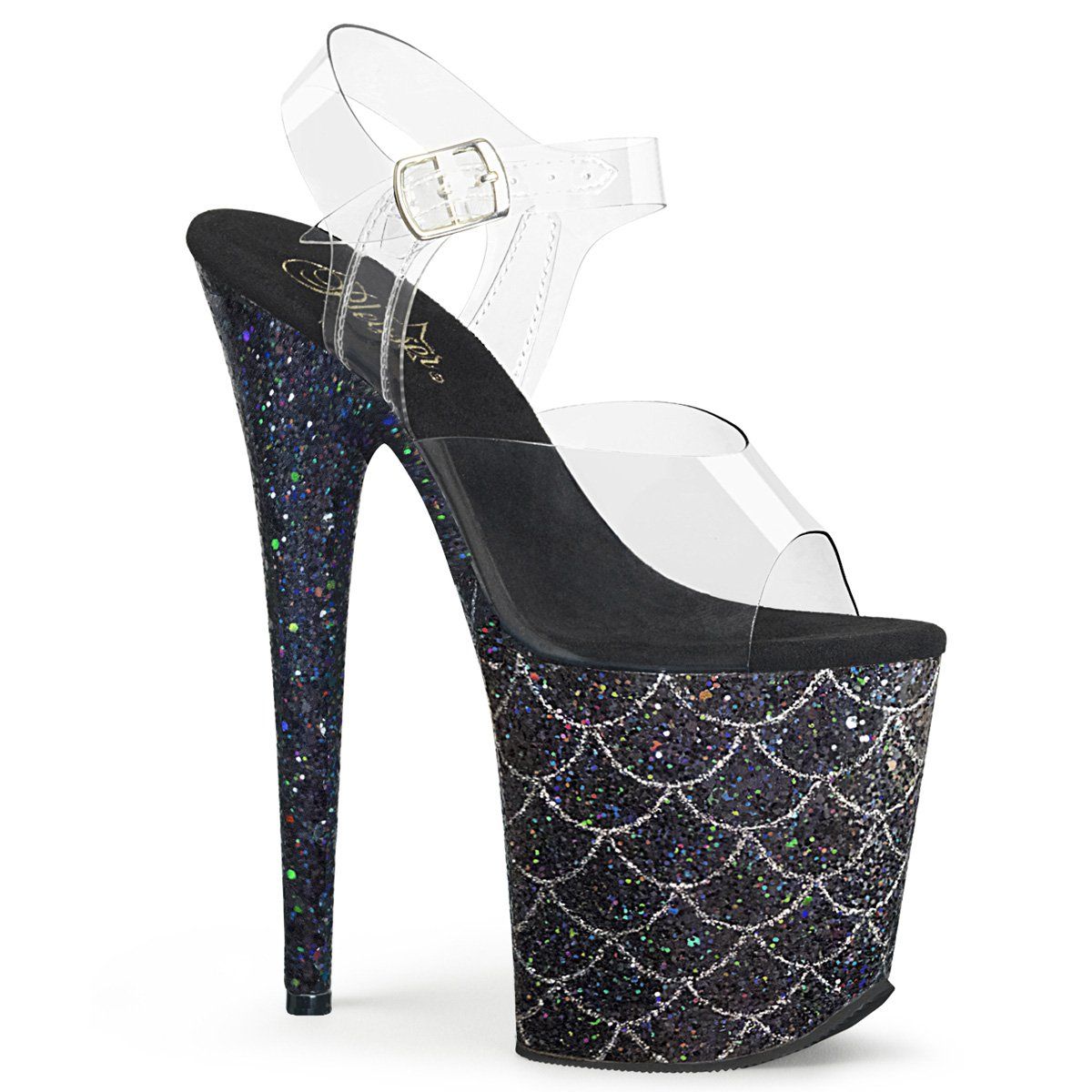 FLAMINGO-808MSLG Clear/Black Multi Glitter Platform Sandal Pleaser