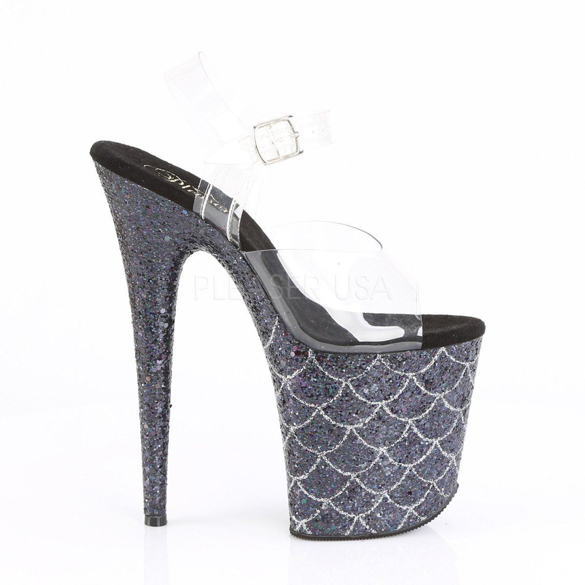 FLAMINGO-808MSLG Clear/Black Multi Glitter Platform Sandal Pleaser