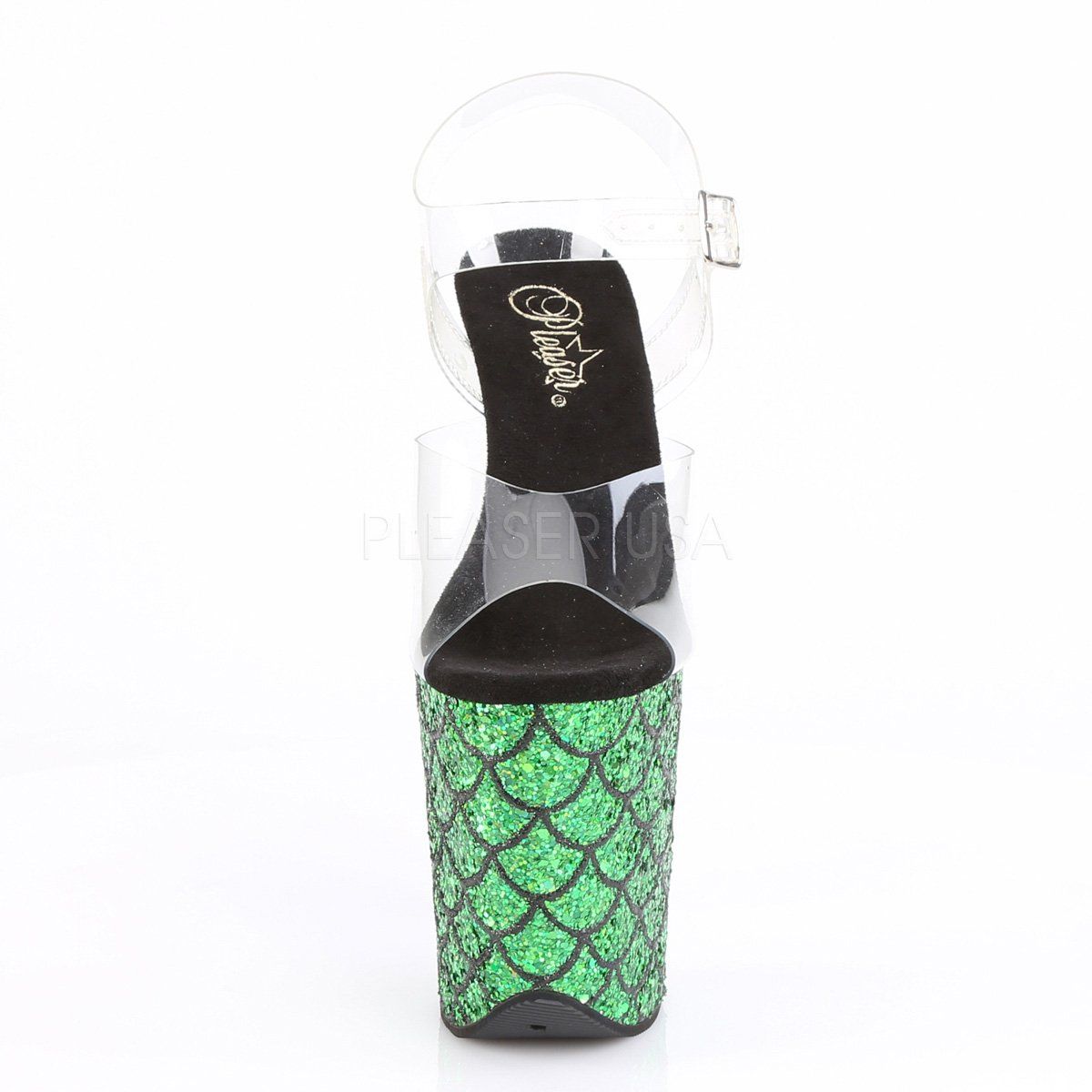 FLAMINGO-808MSLG Clear/Green Multi Glitter Platform Sandal Pleaser