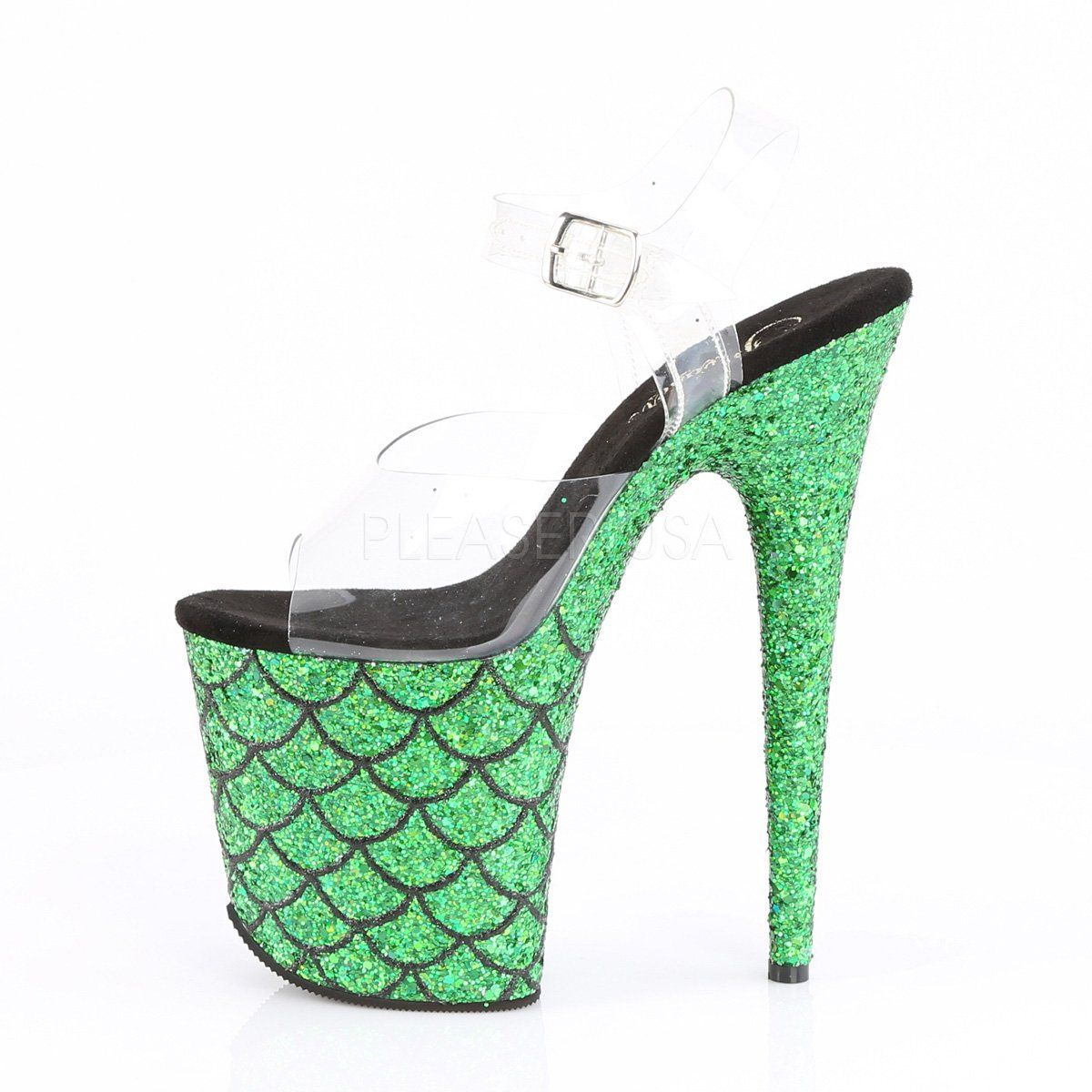 FLAMINGO-808MSLG Clear/Green Multi Glitter Platform Sandal Pleaser
