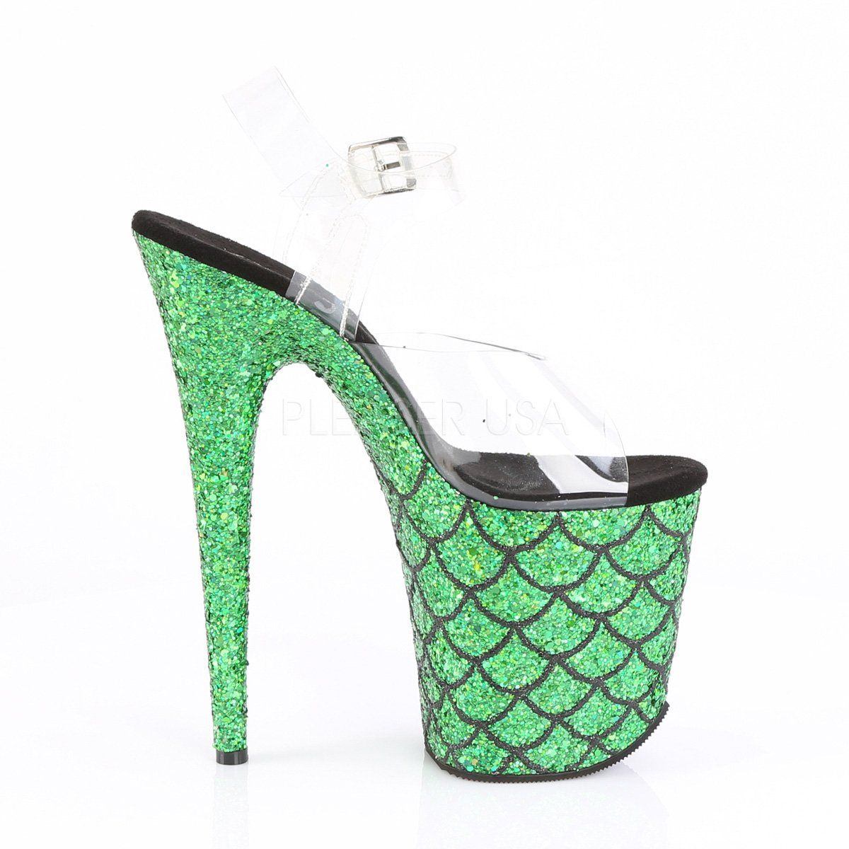 FLAMINGO-808MSLG Clear/Green Multi Glitter Platform Sandal Pleaser