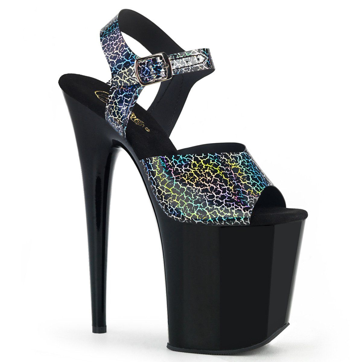 FLAMINGO-808N-CK Black Cracker Hologram TPU/Black Platform Sandal Pleaser