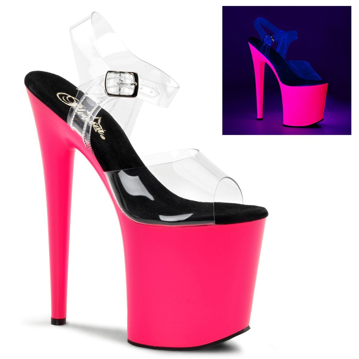 FLAMINGO-808UV Clear/Neon Pink Platform Sandal Pleaser