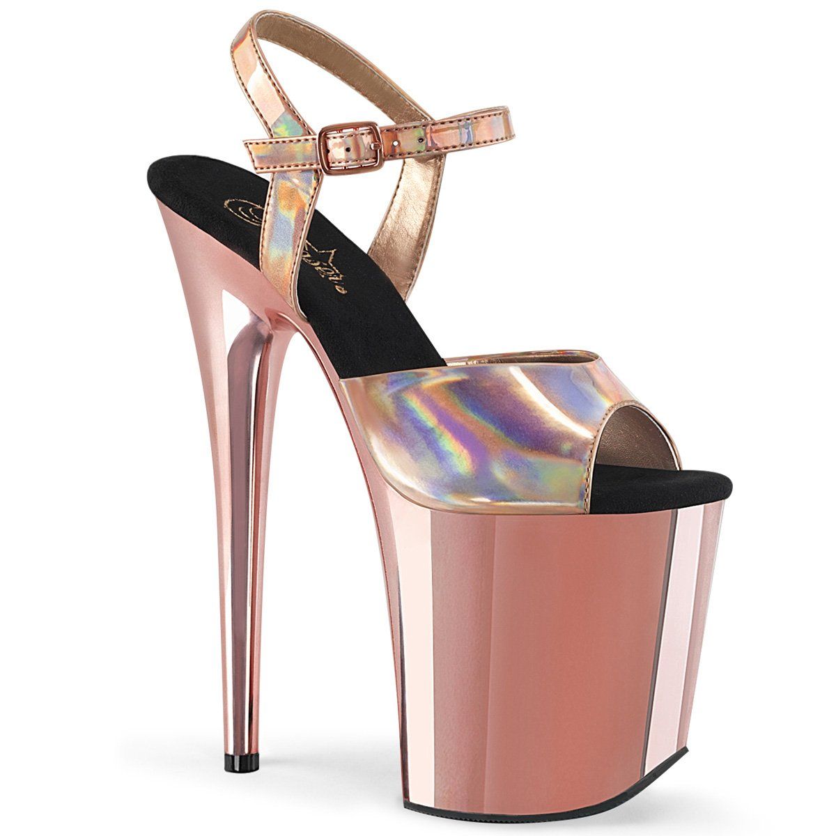 FLAMINGO-809HG Rose Gold Hologram/Rose Gold Chrome Platform Sandal Pleaser