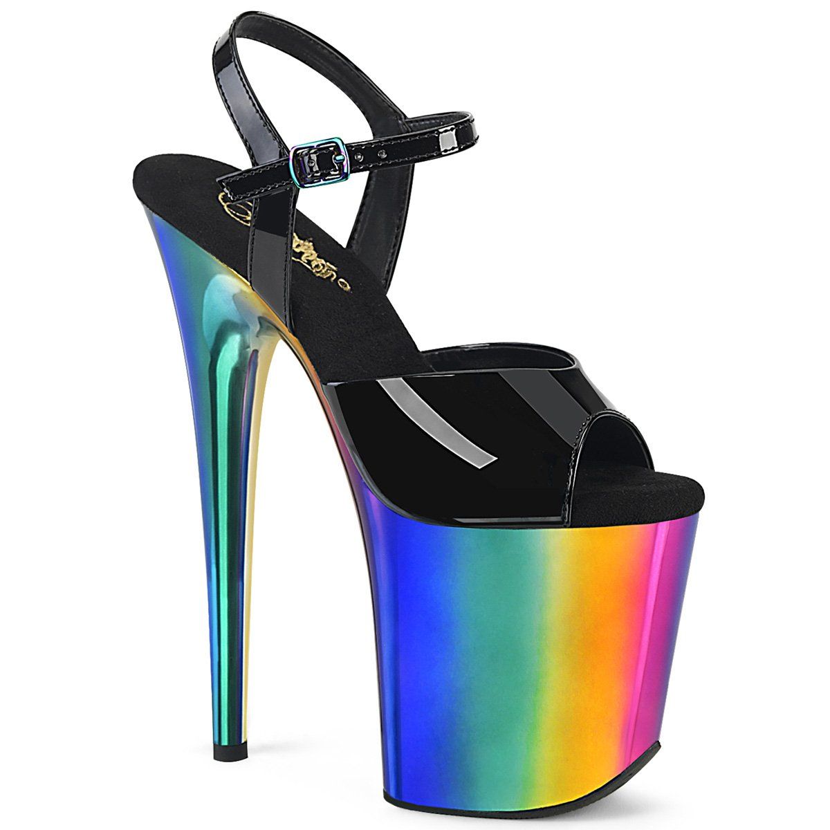FLAMINGO-809RC Black Patent/Rainbow Chrome Platform Sandal Pleaser