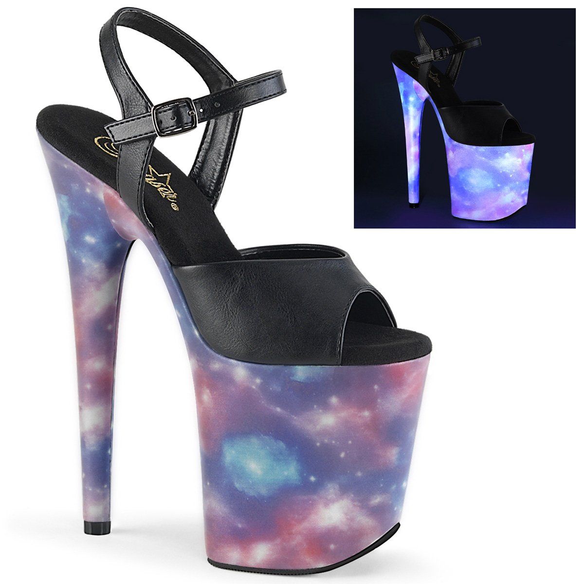 FLAMINGO-809REFL Black Faux Leather/Purple-Blue Reflective Platform Sandal Pleaser