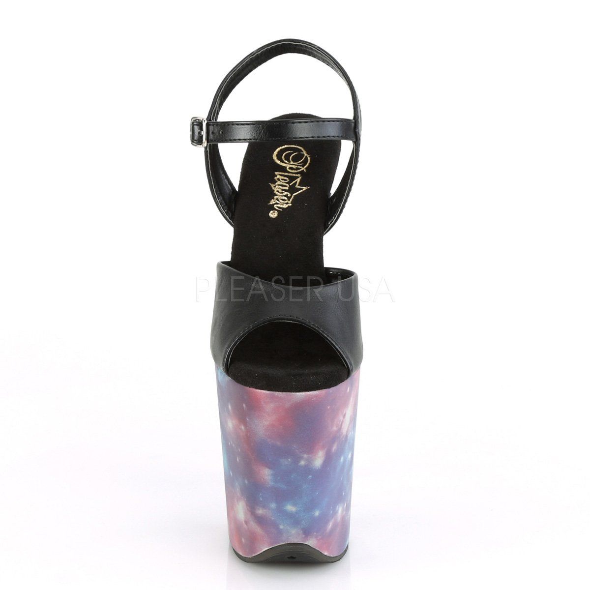 FLAMINGO-809REFL Black Faux Leather/Purple-Blue Reflective Platform Sandal Pleaser