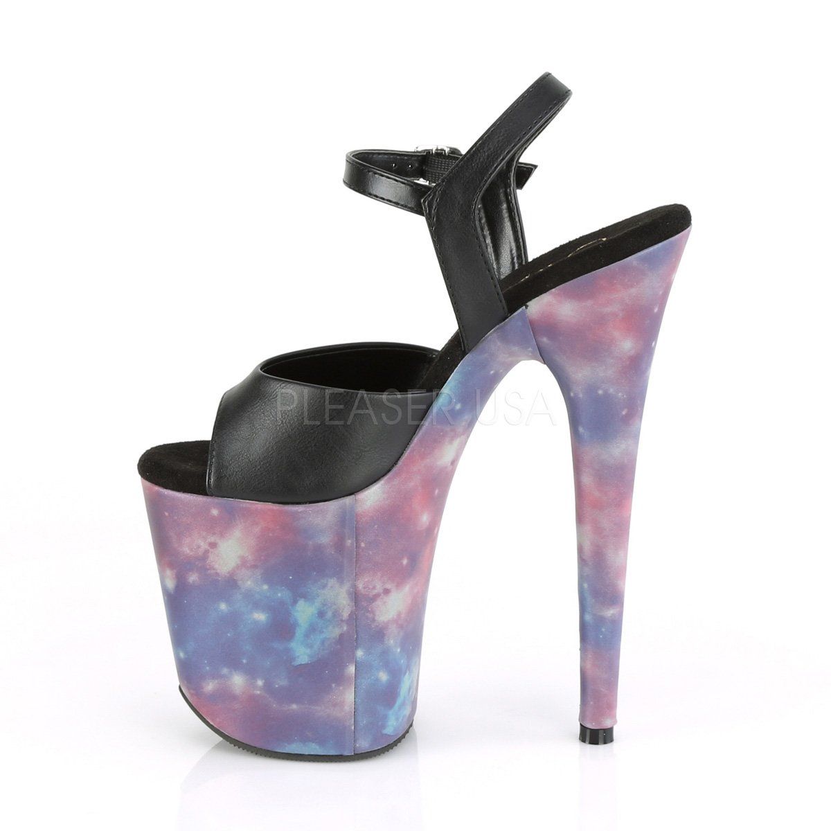 FLAMINGO-809REFL Black Faux Leather/Purple-Blue Reflective Platform Sandal Pleaser