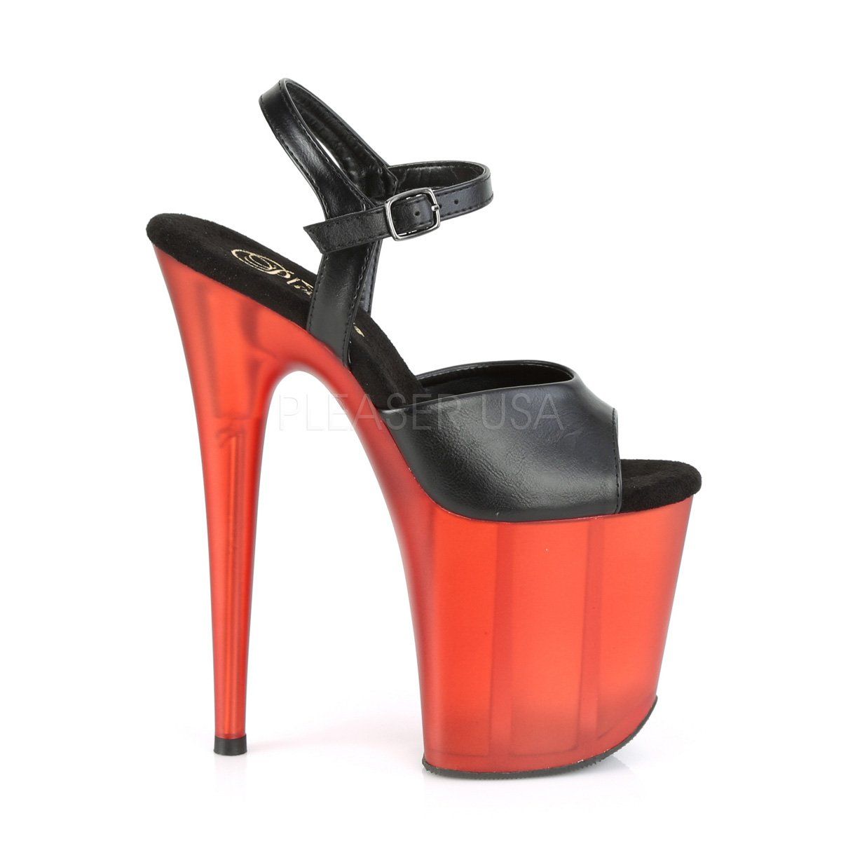 FLAMINGO-809T Black Faux Leather/Frosted Red Platform Sandal Pleaser