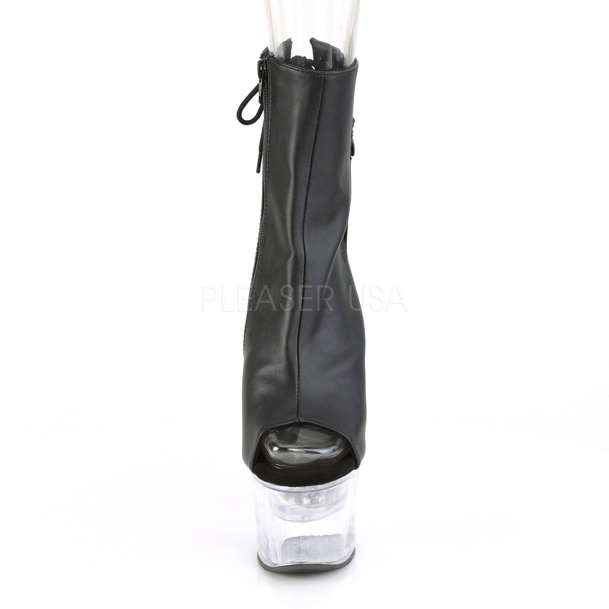 FLASHDANCE-1018-7 Black Faux Leather/Clear Ankle Boot Pleaser