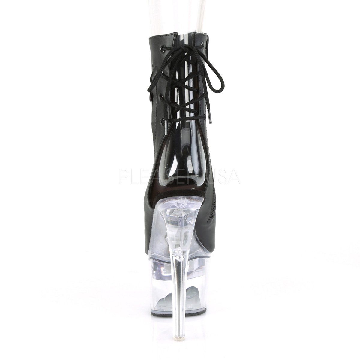 FLASHDANCE-1018-7 Black Faux Leather/Clear Ankle Boot Pleaser
