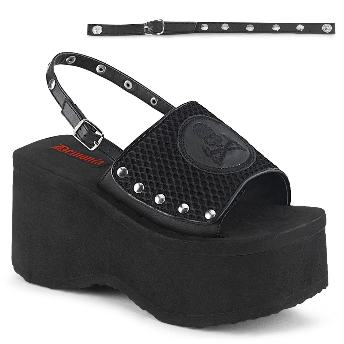 FUNN-32 Black Fishnet-Vegan Leather Sandal Demonia