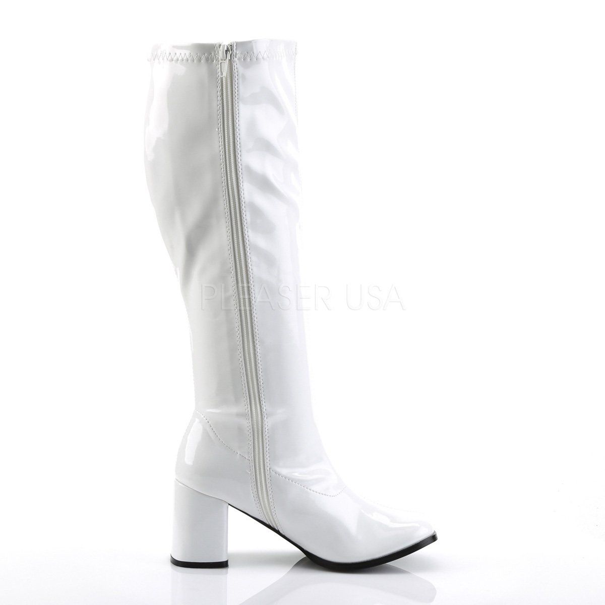 GOGO-300WC Wide Calf White Stretch Patent Funtasma