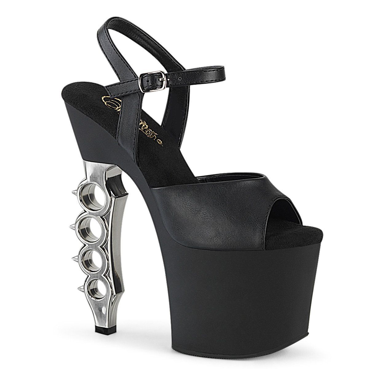 IRONGRIP-709 Black Faux Leather-Silver Brushed Platform Sandal Pleaser