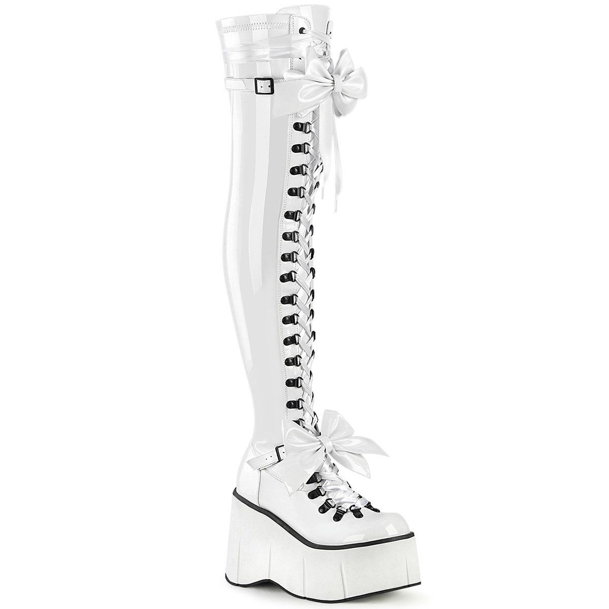 KERA-303 White Stretch Patent Thigh Boot Demonia