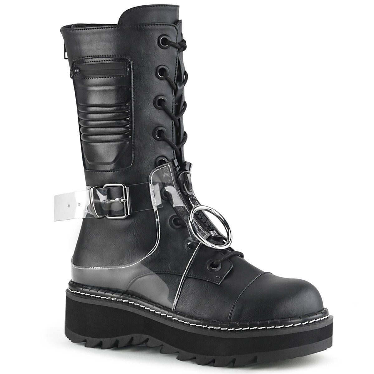 LILITH-271 Black Vegan Leather-Clear PVC Mid-Calf Boot Demonia