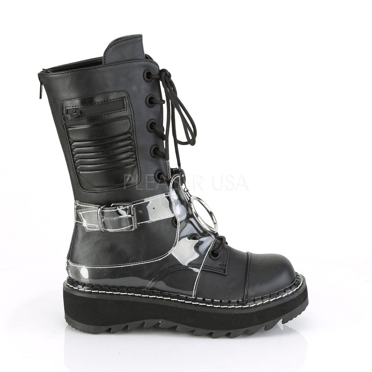 LILITH-271 Black Vegan Leather-Clear PVC Mid-Calf Boot Demonia