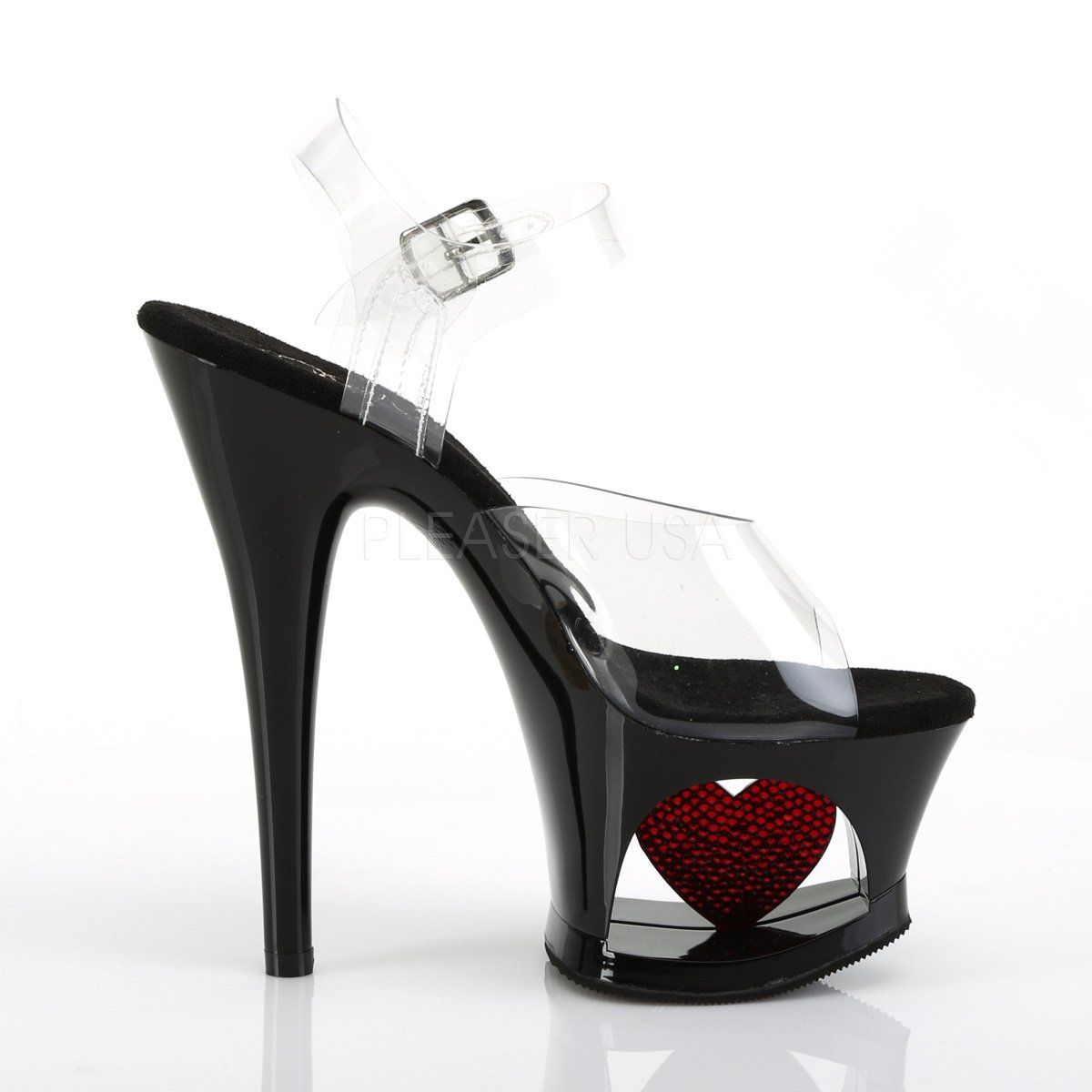 MOON-708HRS Clear/Black-Red Heart Platform Sandal Pleaser