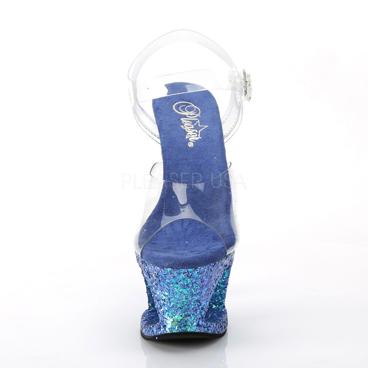 MOON-708LG Clear/Blue Multi Glitter Platform Sandal Pleaser
