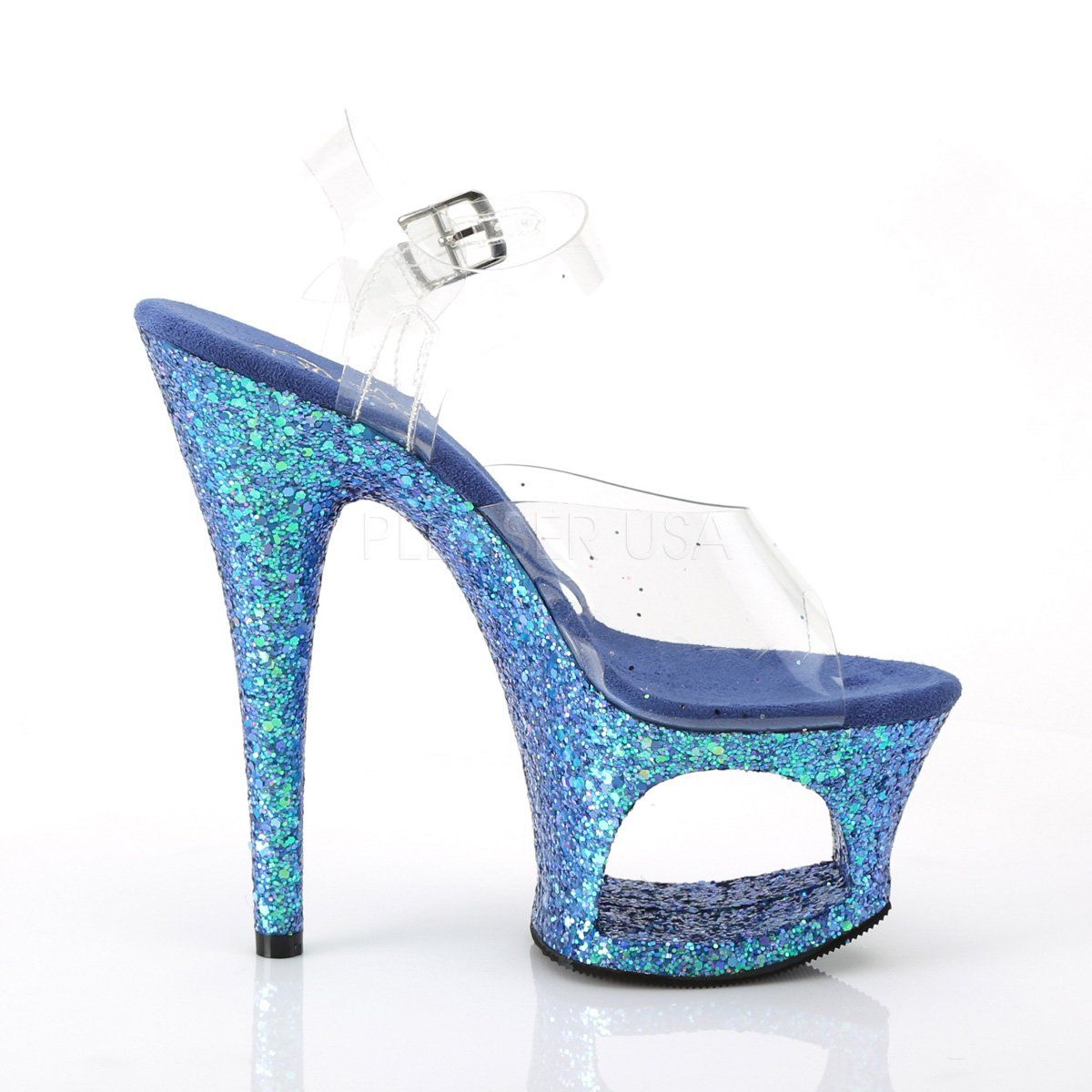 MOON-708LG Clear/Blue Multi Glitter Platform Sandal Pleaser