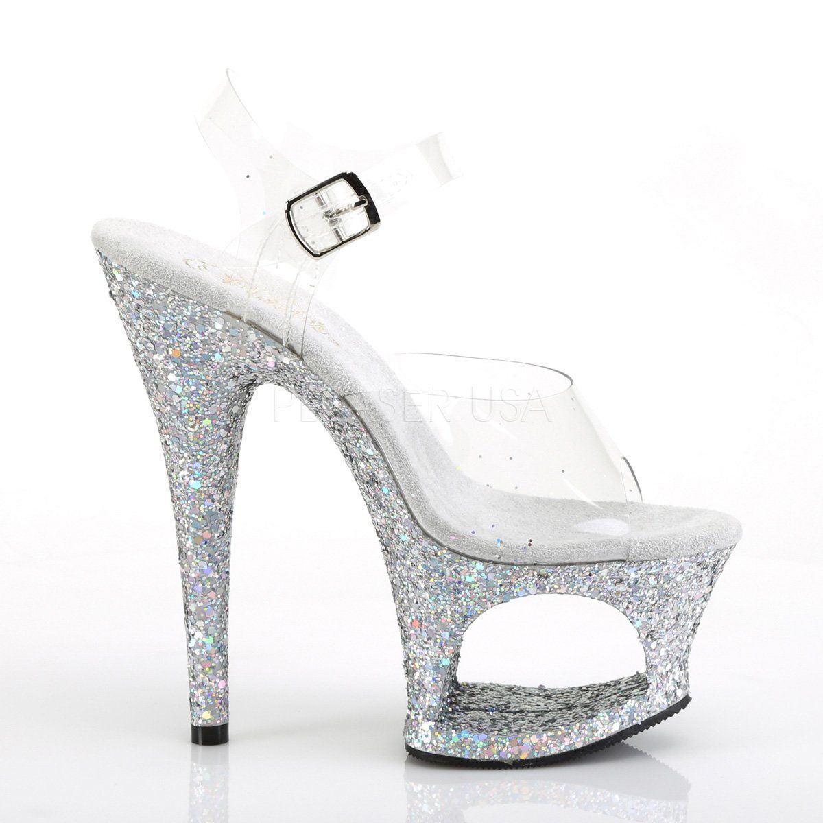 MOON-708LG Clear/Silver Multi Glitter Platform Sandal Pleaser