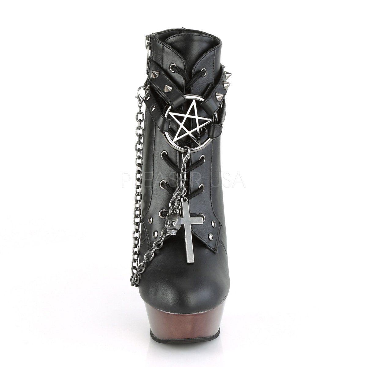 MUERTO-1001 Black Faux Leather/Pewter Chrome Ankle Boot Demonia